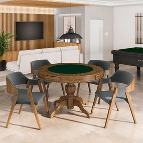 Conjunto Mesa de Jogos Carteado Bellagio Tampo Reversível e 4 Cadeiras Madeira Poker Base Estrela Veludo Cinza/Nogueira G42 - Gran Belo
