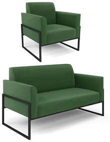 Sofá Namoradeira com Poltrona Base Industrial Alta Preto Marisa Suede Verde D03 - D'Rossi
