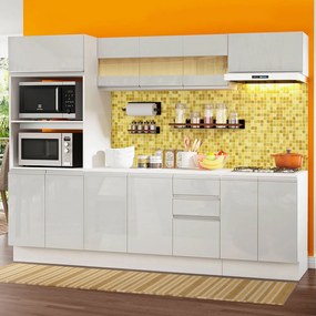 Cozinha Completa 100% MDF Madesa Smart 250 cm Modulada Com Balcão e Tampo Frentes Branco Brilho Cor:Branco