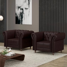 Kit 2 Poltronas Decorativas Sala de Estar Stanford Chesterfield Pés de Madeira Couro Wine Vinho G58 - Gran Belo