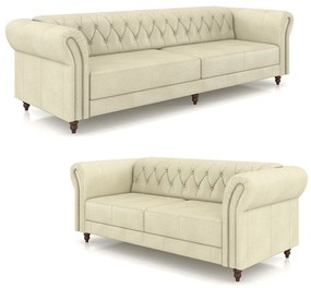 Conjunto de Sofá Sala de Estar Stanford Chesterfield 2 e 3 Lugares 200cm/260cm Pés Madeira Couro Off White G58 - Gran Belo