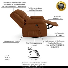 Poltrona do Papai Reclinável Sala de Cinema Madrid Glider Manual Giratória USB Veludo Terracota  G23