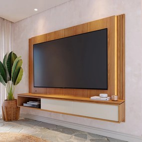 Painel TV 75 Pol 180cm Bancada Suspensa Ripado Led Duda C04 - D'Rossi - Freijó e Off White Matte