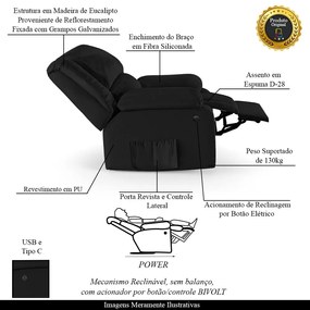 Poltrona do Papai Reclinável Melim Power Elétrica USB PU Preto F FH1 - D'Rossi