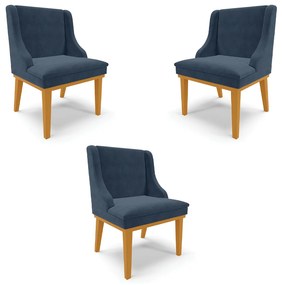 Kit 3 Cadeiras Decorativas Sala de Jantar Base Fixa de Madeira Firenze Suede Azul Marinho/Castanho G19 - Gran Belo
