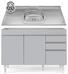 Balcão de Cozinha com Pia Inox 120cm 3 Portas Michigan Cinza Claro - L