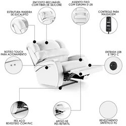 Poltrona do Papai Reclinável Kalie Power Touch Massagem FH9 PU Branco