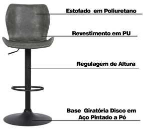 Banqueta Base Aço Giratória Naboo Com Regulagem de Altura PU Cinza Chumbo G56 - Gran Belo