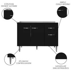 Balcão Gabinete Para Pia Sem Tampo 120cm 3 Portas e 1 Gaveta Gabriela