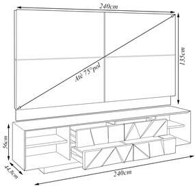 Painel Decorativo com Bancada 4 Gavetas para TV até 75 pol 240cm Iluminação Fita LED Off White Devlin G18 - Gran Belo