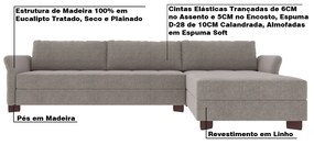 Sofá com Chaise Direita 336cm Platon Linho Cinza G52 - Gran Belo