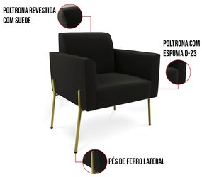 Poltrona Pé de Ferro Dourado Decorativa Kit 2 Marisa Suede Preto D03 - D'Rossi