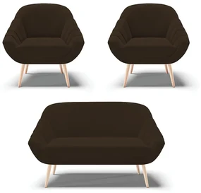 Kit 01 Namoradeira 02 Lugares e 02 Poltronas Giovana Suede Marrom Pés Palito Natural - D'Rossi