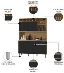 Cozinha Compacta 130cm Com 6 Portas 1 Gaveta Alice Preto/Amêndoa - AJL