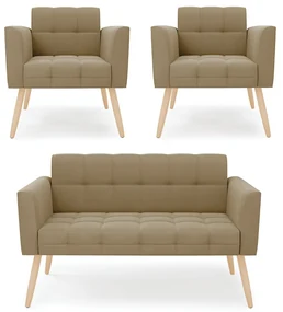 Kit 1 Sofá Namoradeira e 2 Poltronas Elisa Suede Pés Palito Natural - D'Rossi - Marrom Rato