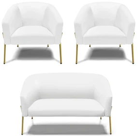 Namoradeira e 2 Poltronas Pé de Ferro Dourado Stella Sintético D03 - D'Rossi - Branco