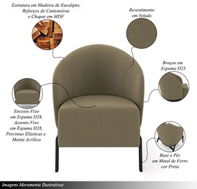 Kit 2 Poltronas Decorativa Sala de Estar Kenya Pés em Ferro Veludo Preto/Castor G33 - Gran Belo