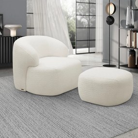 Conjunto Poltrona Base Fixa e Puff Decorativo Charlote Sala de Estar Bouclê Off White G88 - Gran Belo