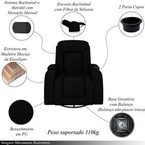 Poltrona do Papai Reclinável Giratória e Balanço Sala de Cinema Crihs Manual Glider PU Preto Brilho G23 - Gran Belo