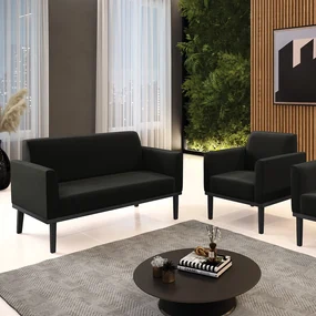 Conjunto Poltrona e Namoradeira Decorativa Isabella Pés Fixo em Madeira Preto Suede Preto G19 - Gran Belo