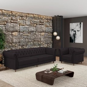 Conjunto Sala de Estar 1 Sofá Living 240cm e 1 Poltrona Stanford Chesterfield Pés Madeira Couro Borgonha G58 - Gran Belo