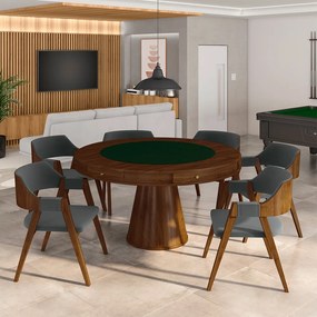 Conjunto Mesa de Jogos Carteado Bellagio Tampo Reversível e 6 Cadeiras Madeira Poker Base Cone Veludo Cinza Escuro/Imbuia G42 - Gran Belo
