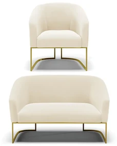 Sofá Namoradeira e Poltrona Base Industrial Dourado Stella Veludo D03 - D'Rossi - Bege
