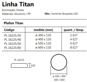 Plafon Titan Ø40X11Cm 4Xe27 Com Difusor Plano | Usina 16225/40 (MR-T - Marrom Texturizado)