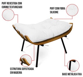 Puff Costela Base Fixa Preta Sala de Estar Corino Text S01 - D'Rossi - Branco