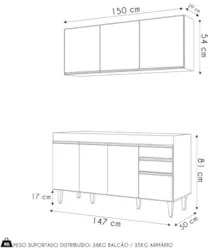 Armário de Cozinha Argélia e Balcão Gabinete 150cm sem Tampo Marrocos