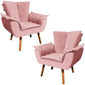 Kit 2 Poltronas Decorativas Pés Palito Charger Veludo Rosê G19 - Gran Belo