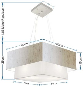 Lustre Pendente Duplo Quadrado Vivare Md-4345 Cúpula em Tecido 60x50cm - Bivolt