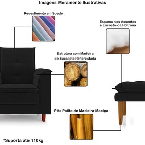 Poltrona de Amamentação com Puff Líria Suede Preto Pé de Madeira N03 - D'Rossi