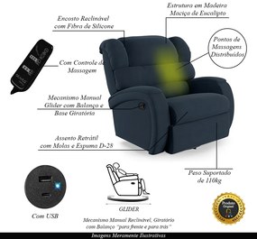Poltrona do Papai Sala de Cinema Reclinável Kylie Glider Manual Giratória Massagem USB Veludo Azul G23