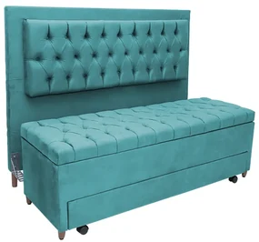 Cabeceira com Calçadeira Baú Solteiro 90cm Paris Capitonê Suede Turquesa - Sheep Estofados - Água