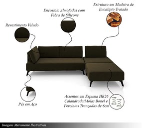Sofá de Canto Modulado 302cm Sabrina Pés em Aço com Puff Veludo Castor G52 - Gran Belo