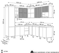 Cozinha Modulada Canto 9 Peças Balcão Para Pia Pietá L06 Nature/Off Wh