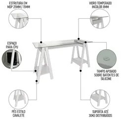 Mesa Escrivaninha 150cm Pés Cavalete Tampo de Vidro Cris A06 Branco -