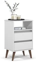 Mesa de Cabeceira Pés Retrô 2 Gavetas 43cm Roma Branco - EJ Móveis